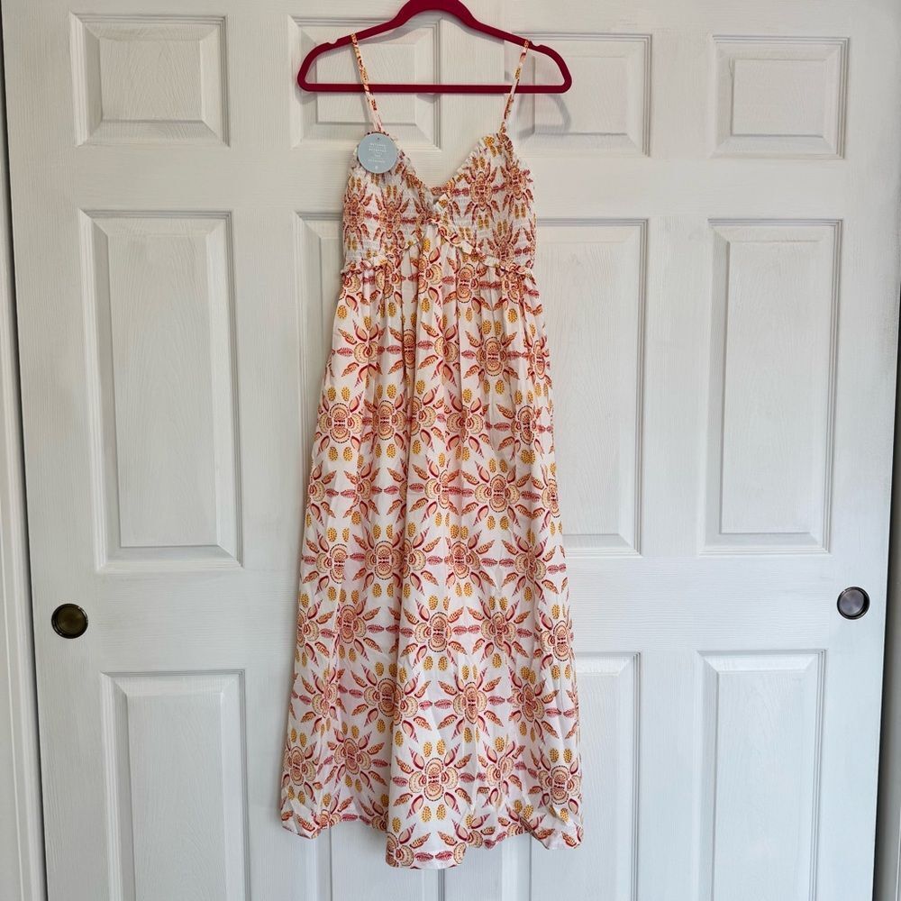Hill House White Maxi Dress with Pink and Gold Floral Print
